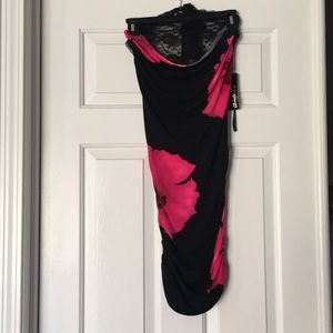 Hot pink flowered halter dress with lace accents
